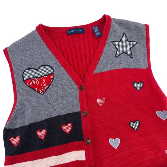 Karen Scott Jackets & Blazers - Karen Scott Patriotic Heart Star Knit Vest Women L Red White Blue USA Flag